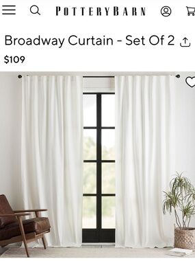 POTTERY BARN Broadway Light Filtering Curtain - Set Of 2 Panels 50x96” in Ivory